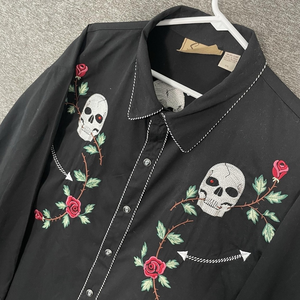 Scully Shirt Mens 2XL Black Skull Rose Embroidered Western Snap Long Sleeve